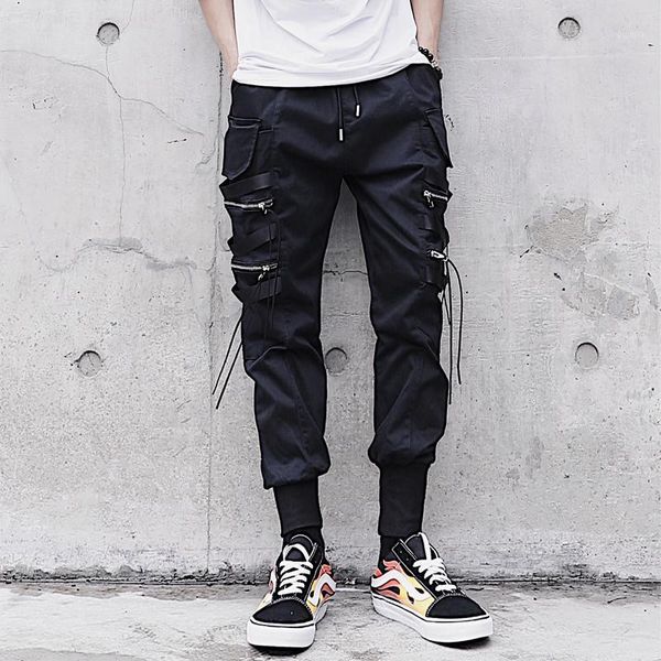 

nice harajuku cotton multi-pockets safari style men jogger trousers hip hop fitness summer harem pants men elastic trousers1, Black