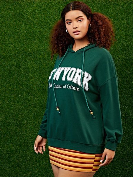 

plus drawstring detail letter graphic hoodie r1wt#, Black