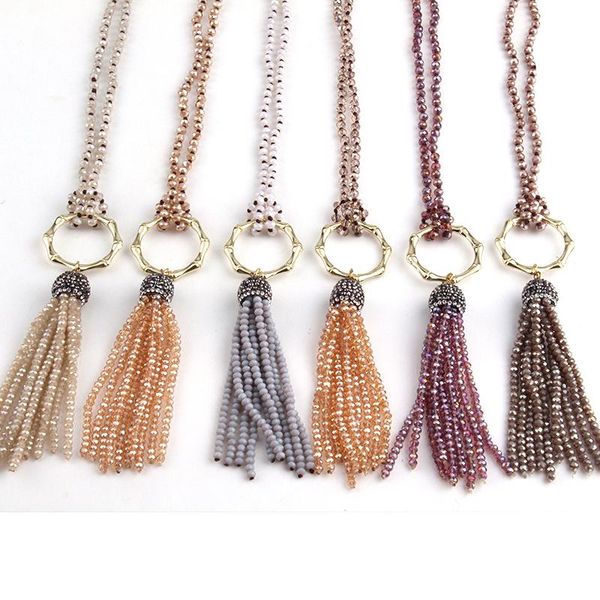 

fashion bohemian tribal jewelry 4mm mini glass knotted crystal tassel necklaces for women ethnic necklace, Silver