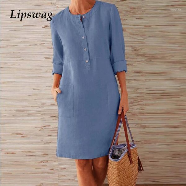 

lipswag autumn elegant cotton linen knee dress women button o-neck party dress casual long sleeve pocket dresses plus size s-5xl1, Black;gray