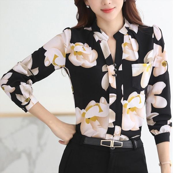 

women autumn flower printed blouse shirts fashion casual long sleeve v neck chiffon blouses women elegant shirt office lady top, White