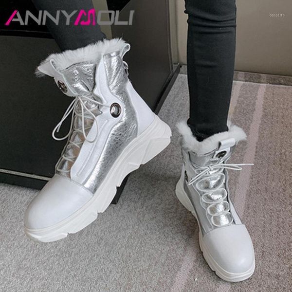

annymoli natural genuine leather ankle boots women snow boots flat platform short lace up female shoes winter white 401, Black