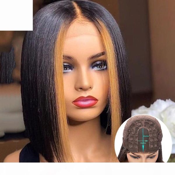 

jk hair 2x6 closure wig color bob wig ombre lace front human hair wigs for women natural black peruvian remy 150% short bob, Black;brown