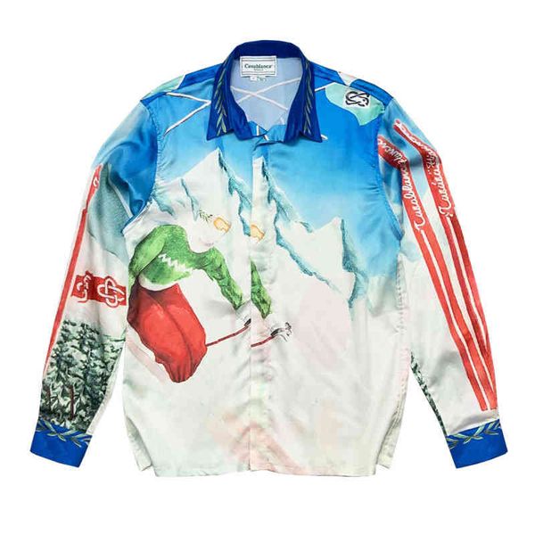 

selling trendy brand ins new silk casual shirt street fashion casablanca snow mountain ski print lazy style silk satin short sleeve shirt me, White;black