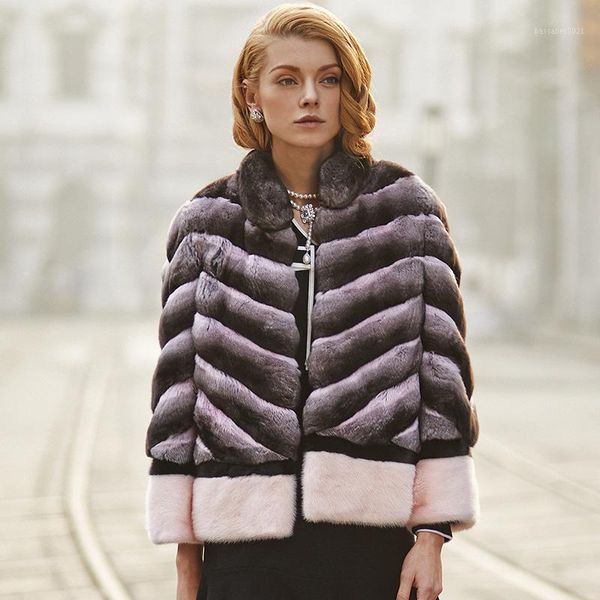 

women's fur & faux arlene sain 2021 american blue-purple chinchilla with copenhagen mink stand collar v-print short coat1, Black