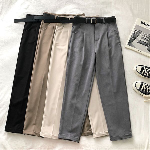 

autumn suit pant women casual high waist loose ankle length fashion trousers pants with belt female gray black khaki bottoms lj201201, Black;white