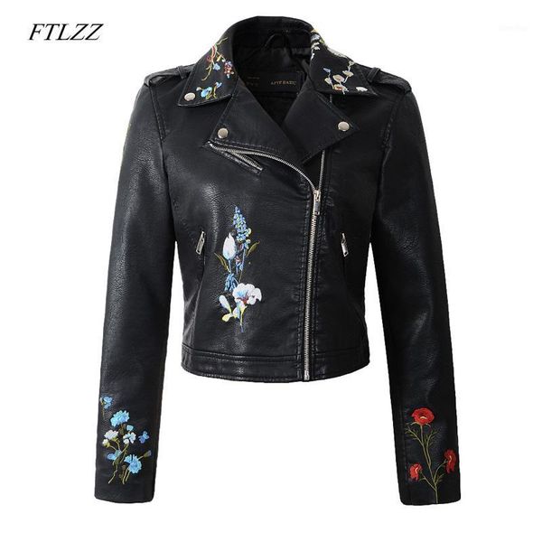 

ftlzz pu leather jacket women coat embroidery faux soft leather motorcycle lady turn-down collar jacket outerwear1, Black