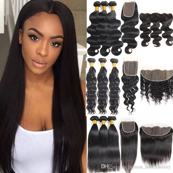 

brazilian virgin hair extensions water deep body wave 3 bundles with closures straight ear to ear lace frontal with bundles brazilian hair, Black;brown