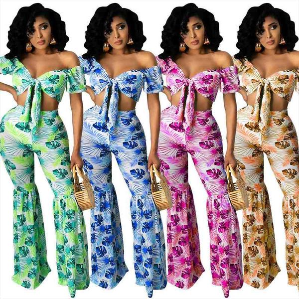 

lace up floral print two piece set for women slash neck crop women set fashion elegant flare pants, White