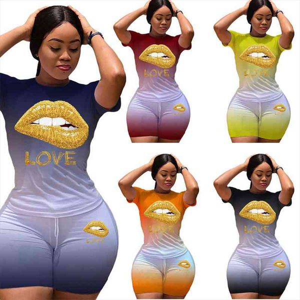 

fashion womens clothing set summer gradient lip pattern short sleeve t-shirt shorts suit skinny womens clothing set tracksuit, Gray