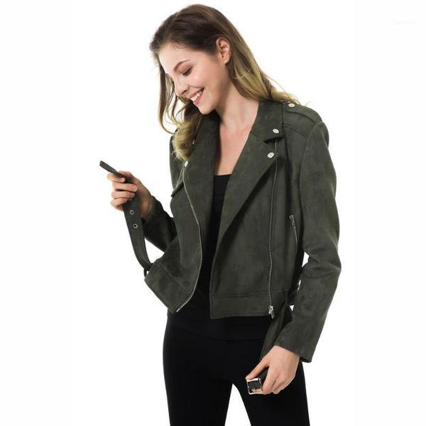 

women moto biker jacket coat army green long sleeve soft faux suede female winter coat with belt veste femme cuir epaulet zipper1, Black;brown