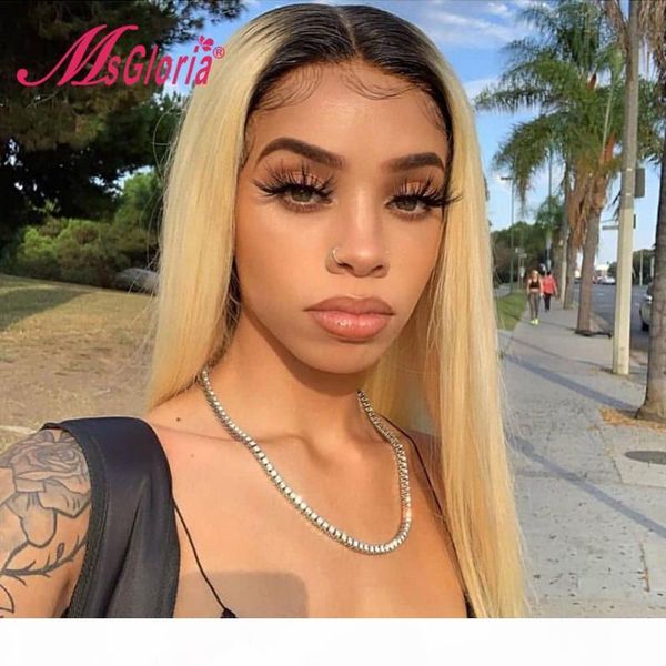 

part lace front wig #1b 613 color straight lace front human hair wigs for women pre plucked with baby hair bleached knots, Black;brown
