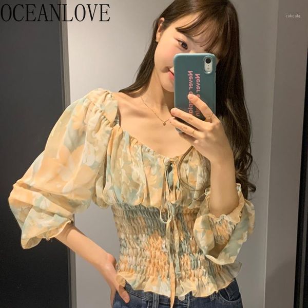 

oceanlove chiffon shirts print floral short blouse women spring flare sleeve korean blusas mujer elegant clothes 164851, White
