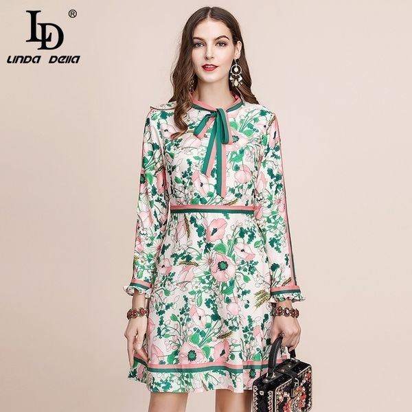 

ld linda della autumn fashion runway long sleeve dress women's belted collar multicolor floral print vintage elegant dress y200805, Black;pink