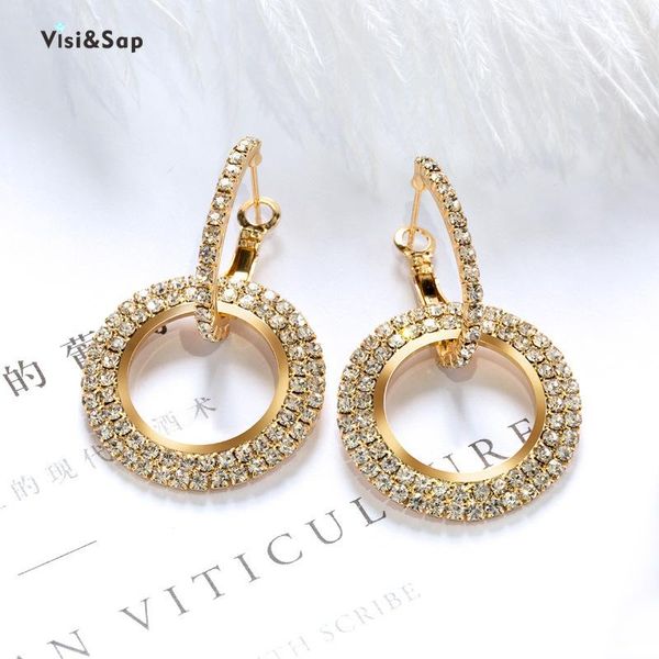 

hoop & huggie visisap vintage hollow round rhinestone earrings for women geometric party nightclub earring girl gift drop jewelry e071, Golden;silver
