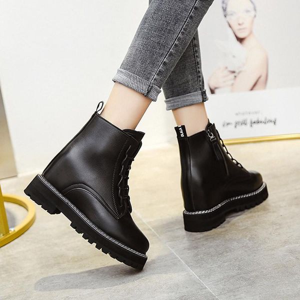 

2020 autumn women motorcyle boots increasing height ankle boot sewing black platform lace up booties punk botas mujer 8738l
