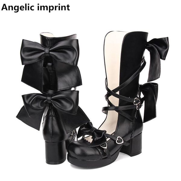 

angelic imprint mori girl women motorcycle shoes lady high heels lolita sandals boots woman princess dress pumps bowtie 33-47, Black
