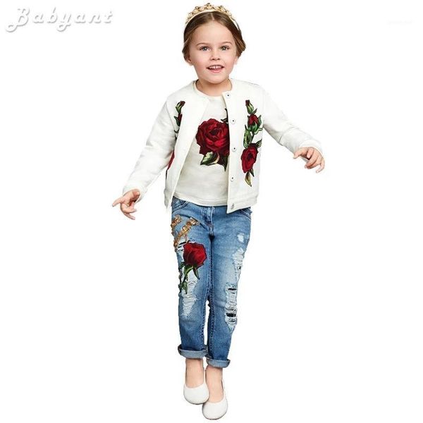 All'ingrosso-2020 Primavera/Autunno Moda Limone/Rosa stampa Vestiti per ragazze 3 pezzi Set di abbigliamento per bambini 3-13Y Abbigliamento per bambini t-shirt + cappotto + jeans1