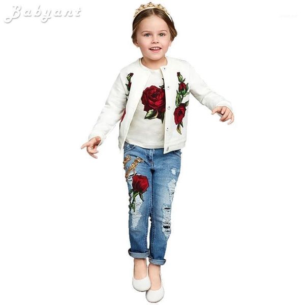 

wholesale- 2020 spring/autumn fashion lemon/rose print girls clothes 3pc children clothing set 3-13y kids clothes t-shirt+coat+jeans1, White
