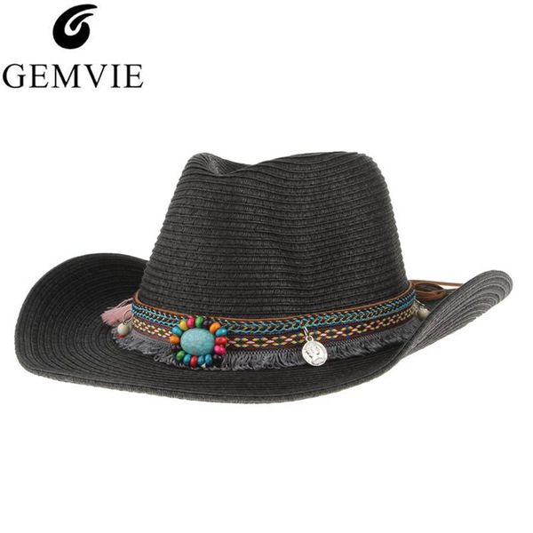 

gemvie summer panama hat straw hat for women men straw woven wide brim sun retro cowboy boho style band beach cap, Blue;gray