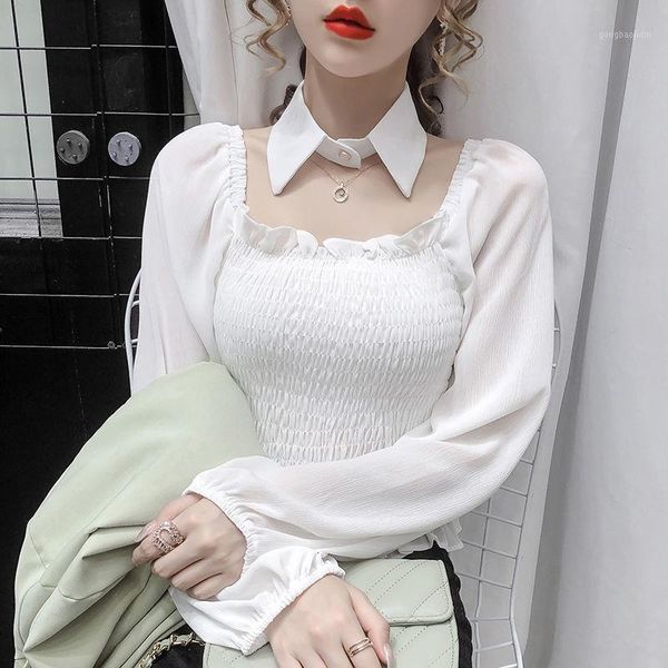 

elegant chiffon korean blouse women ruffle office lady long sleeve casual desginer women's clothing autumn 20201, White