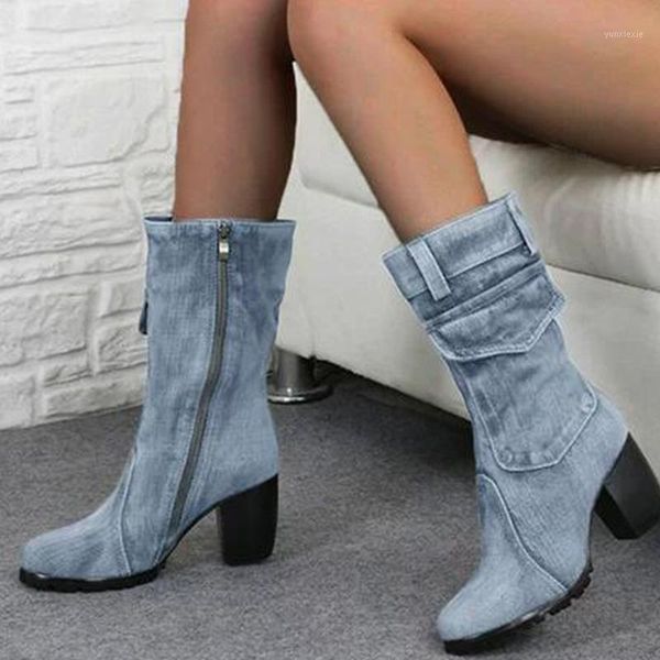 

jean boots women's ankletube short boot winter mid heel denim boot 2020 lady stylish jeans boots zipper shoes cowboy1, Black