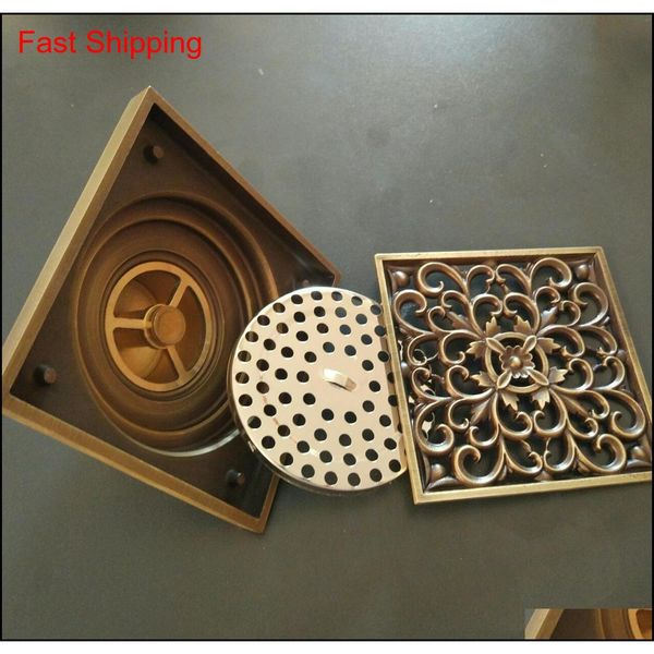 

antique brass carved flower art bathroom accessory floor drain waste grate 100mm*100mm shower drain jllahr lajiaoyard