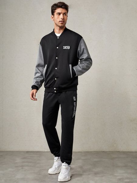 

men letter patched color block bomber jacket & sweatpants e2ag#, Gray