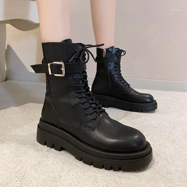 

boots women zipper metal boots buckle thick rubber outsole lace-up round toe black brown platform flat shoes1