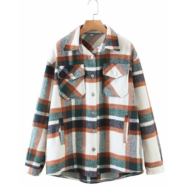 

2021 new vintage stylish orange and green plaid jacket coat women fashion lapel collar long sleeve loose outerwear chic, Black;brown