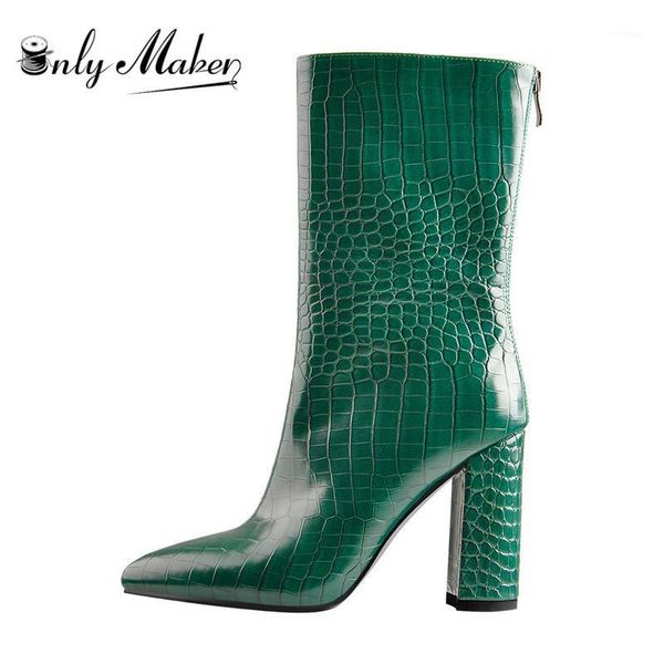 

boots onlymaker pointed toe10cm stone pattern back zipper chunky high heels green fashion thick ankle big size us5~us151, Black