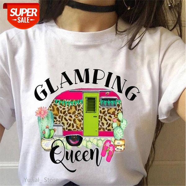 

glamping queen graphic print women tshirts vogue cactus leopard t shirt femme harajuku kawaii clothes female t-shirt summer #m51s, White