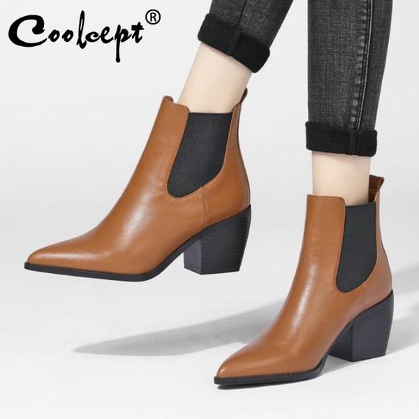 

coolcept size 34-43 women ankle boots leopard high heel winter shoes woman pointed toe short boot office lady footwear, Black