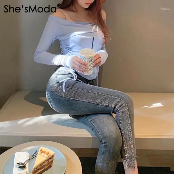 

she'smoda rhinestones denim jeans spandex fabric women's long slim fit mid-waist pencil pants1, Black;white