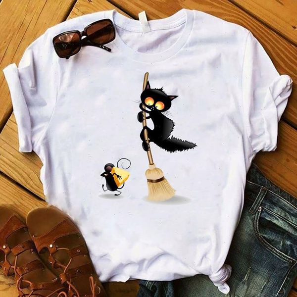 

funny cat print crewneck women tshirt hipster tee womens clothing cartoon print halloween female tees gift tshirt, White