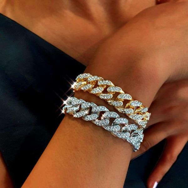 

cuban link chain bracelets for women men gold silver color hip hop rhinestone bracelet charm out chain jewelry accessories, Black