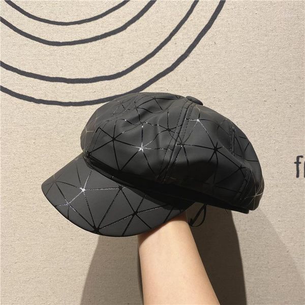

Autumn Winter Hats For Women Solid Plain Black Octagonal Newsboy Cap Men Ladies Casual PU Hat Winter Beret Women Painter Cap1, Blue;gray