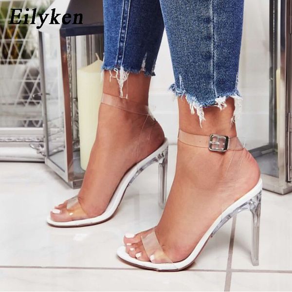 

eilyken 2020 pvc jelly sandals crystal open toed high heels buckle strap women transparent heel sandals pumps 11cm 0928, Black