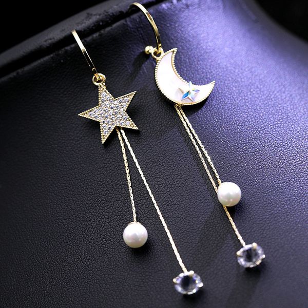 

lovely diamond zirconia moon star dangle earrings fashion luxury designer clip on earrings jewelry for woman girls gifts s925 silver post, Golden;silver