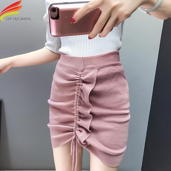 

knit pencil skirt autumn 2018 high waist drawstring ruffles mini skirt black pink streetwear korean style slim skirts women1