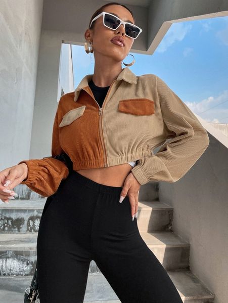 

two tone drop shoulder crop corduroy jacket b8xr#, Black;brown