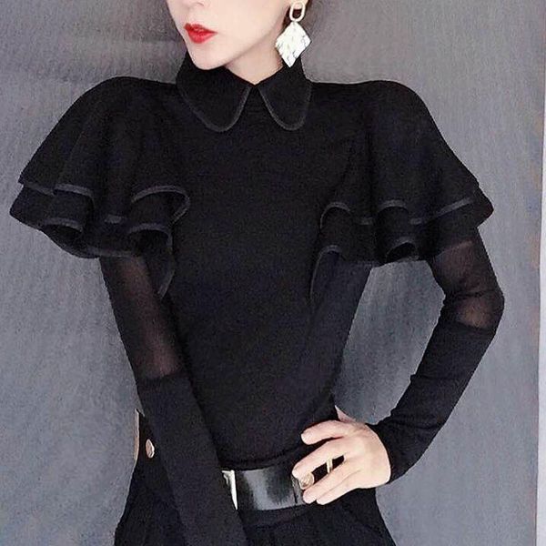 

women 2020 spring autumn new fashion solid color ruffle blouses female black casual long sleeve ladies slim shirts v11, White