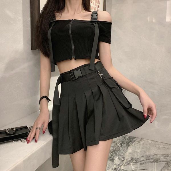

gothic summer a-line women mini high waist skirt streetwear women punk style side pocket fashion design pleated skirts, Black