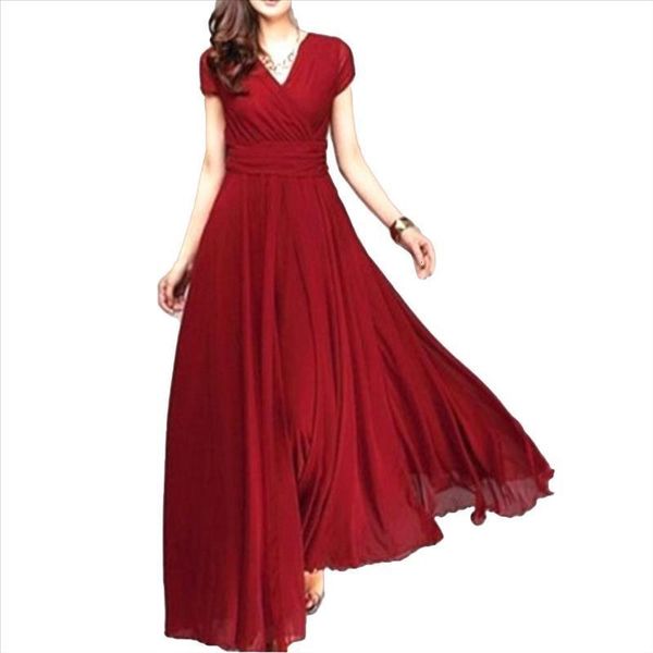 

bohemian women solid color short sleeve v neck tight waist maxi party dress 2020 new womens wear, Black;gray