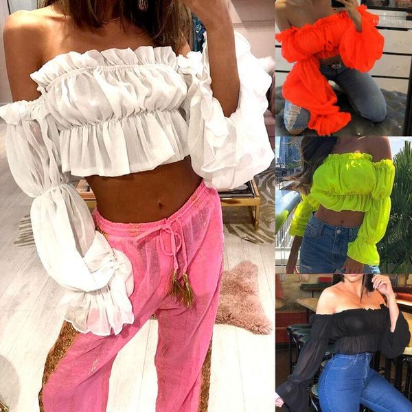 

women off shoulder shirts fashion solid mesh puff tulle sleeve blouse summer for women 20201, White