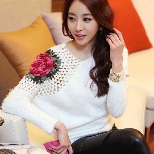 

fashion spring autumn for womens sweaters oversized loose warm flower knitted pullovers sweaters, White;black
