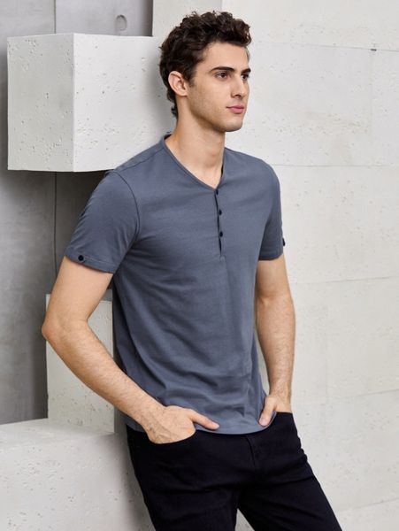 

men solid button half placket tee b4ca#, White;black