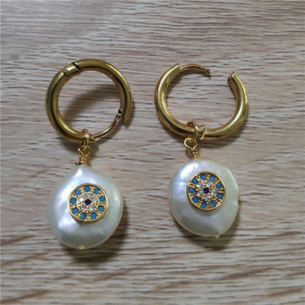 

mint cz paved blue eye evil eye protection charm freshwater pearl bead pendant stainless steel hoop earring for women, Golden;silver