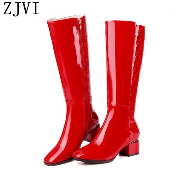 

boots ladies square heels winter knee high woman patent red genuine leather 2021 women black rain shoes thigh for girls1