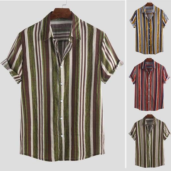 

men's casual shirts summer striped men brand shirt retro camisa masculina vacation lapel neck short sleeve breathable hawaiian beach 20, White;black
